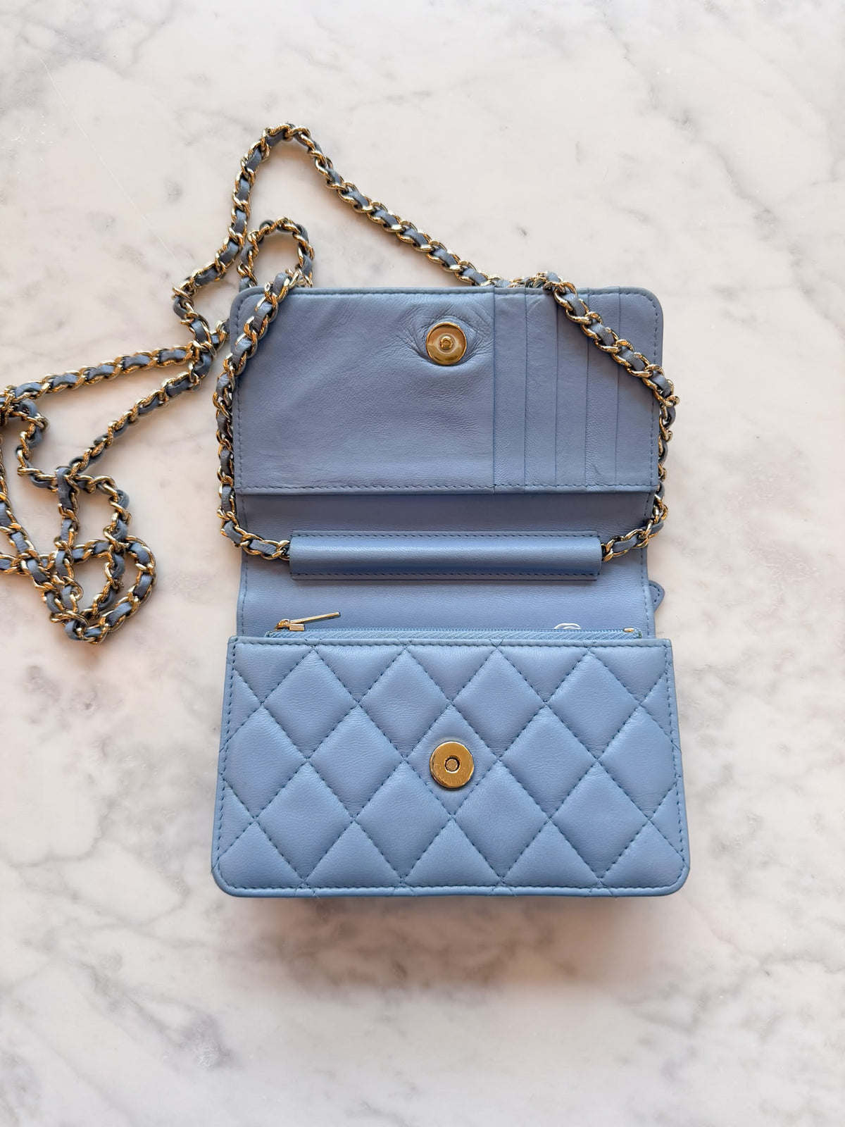Chanel Sky Blue Quilted Lambskin Wallet On Chain Gold Hardware - 2020