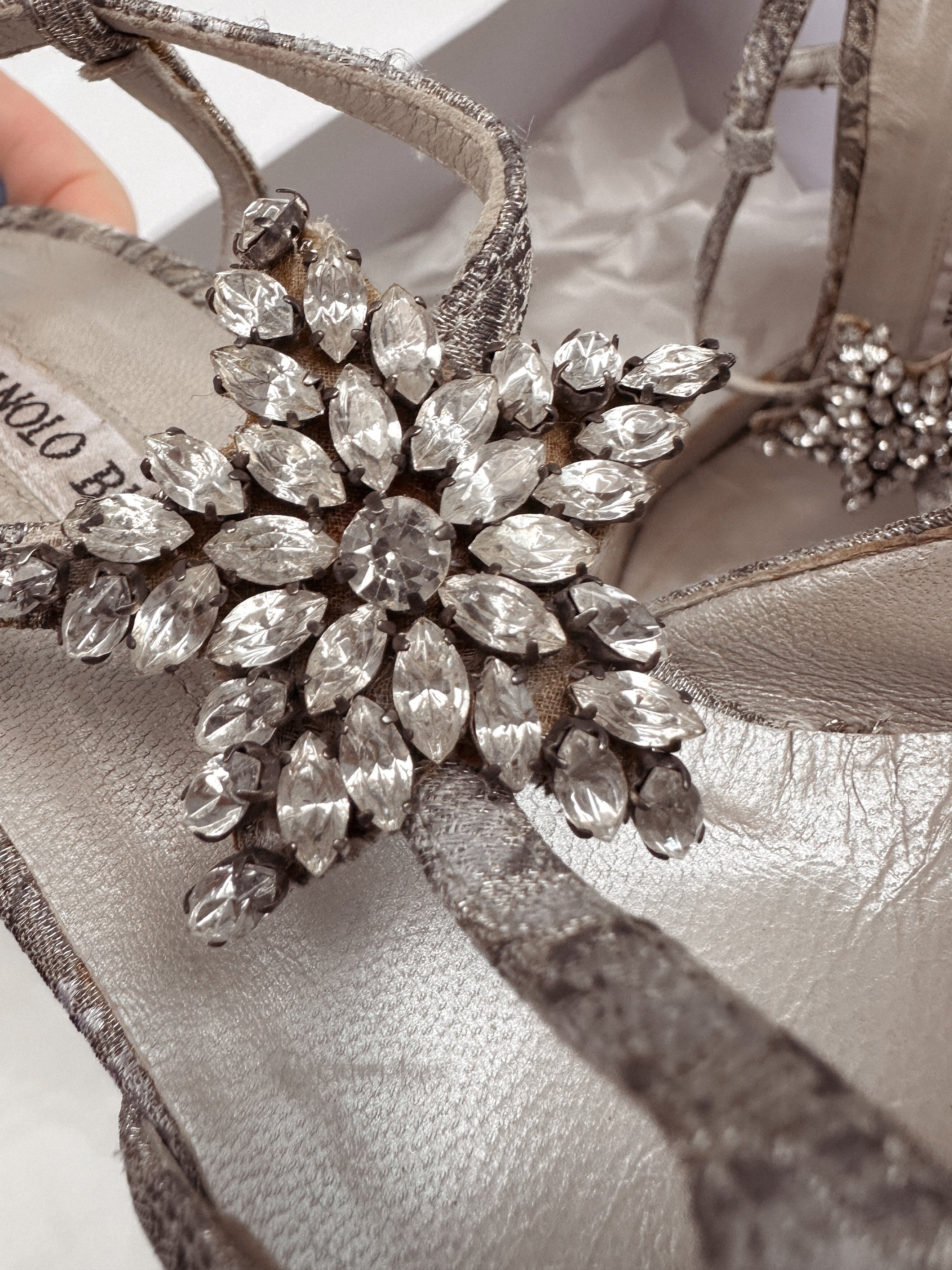 Manolo Blahnik Silver Slingback Heels with Rhinestone Stars (37)