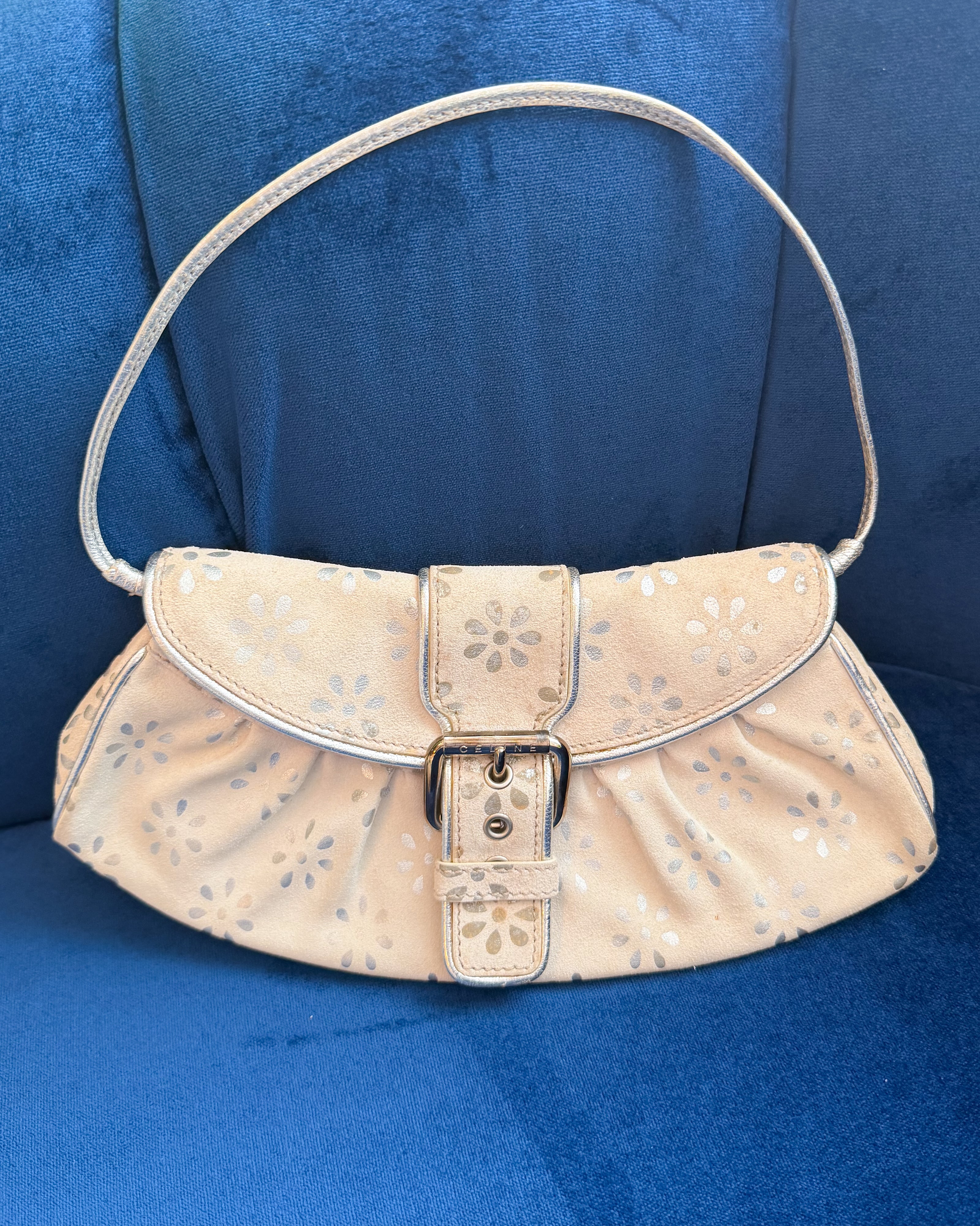 Celine Floral Suede Cream and Silver Shoulder Bag with Buckle