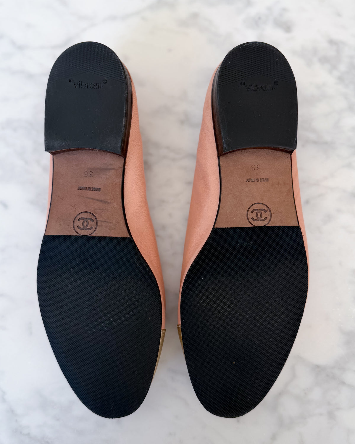 Chanel Blush Pink & Gold CC Cap Toe Ballet Flats (36)