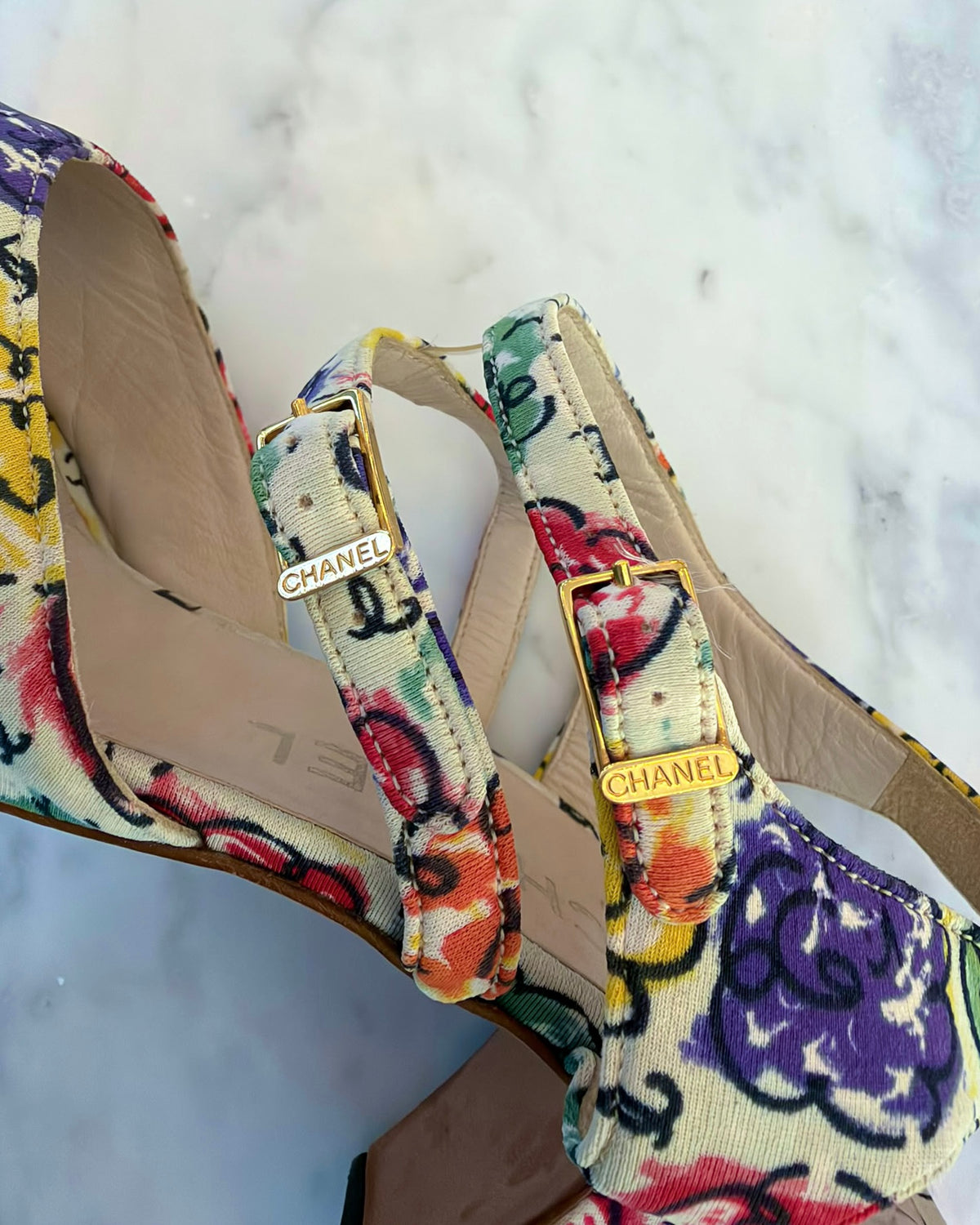 Chanel Camellia CC Multicolour Print Heels (37.5)