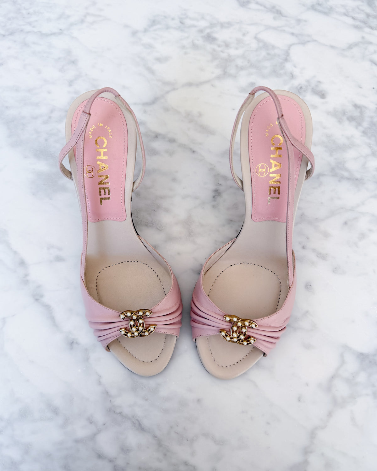 UNWORN Chanel Blush Pink Pearl CC Logo Slingback Heels (36.5) - VERY RARE