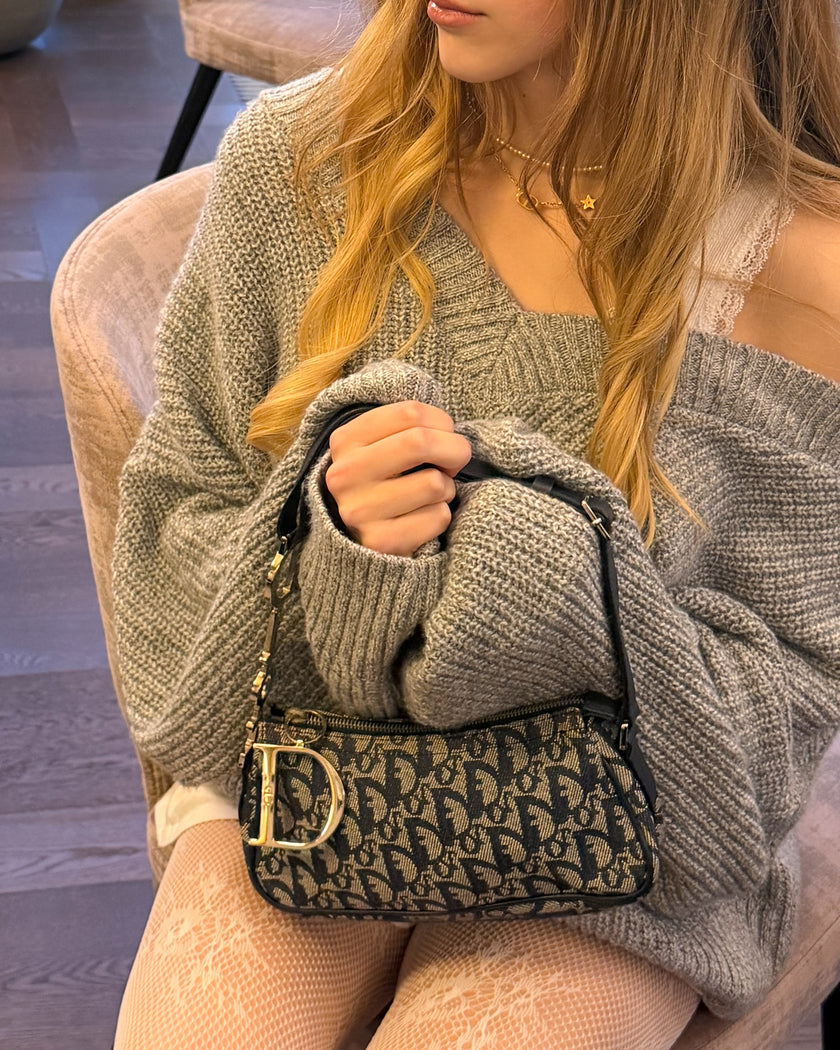 Christian Dior Navy Blue Trotter Monogram Shoulder Bag with Silver Dior Logo Hardware