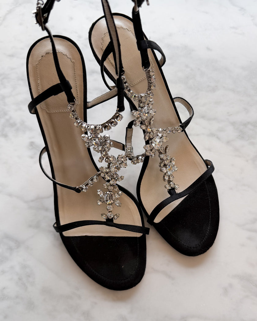 Christian Dior Vintage Black Suede Strappy Crystal Floral Embellished Heels (39)