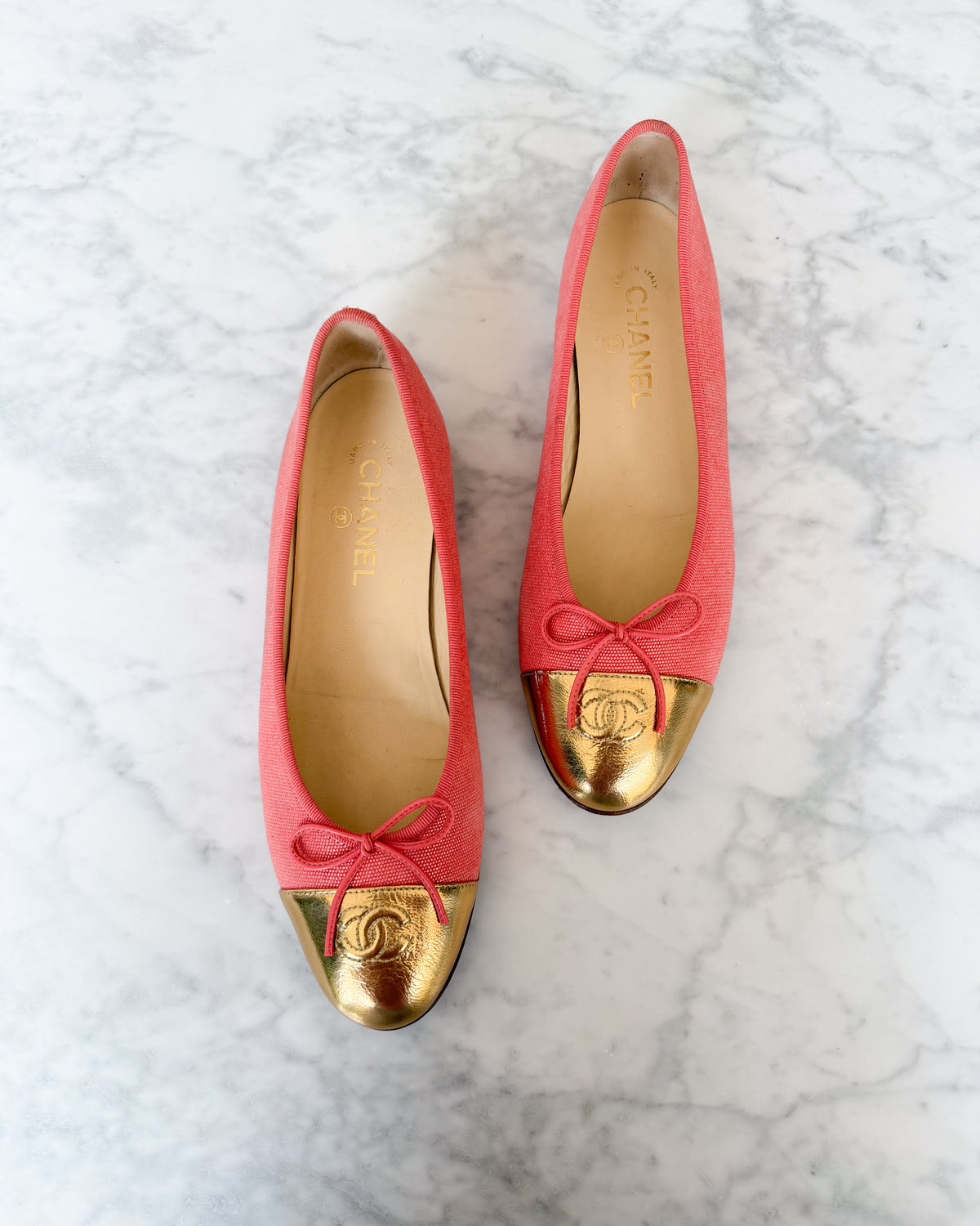 Chanel Coral Shimmer Gold CC Cap Toe Ballet Flats (41.5)