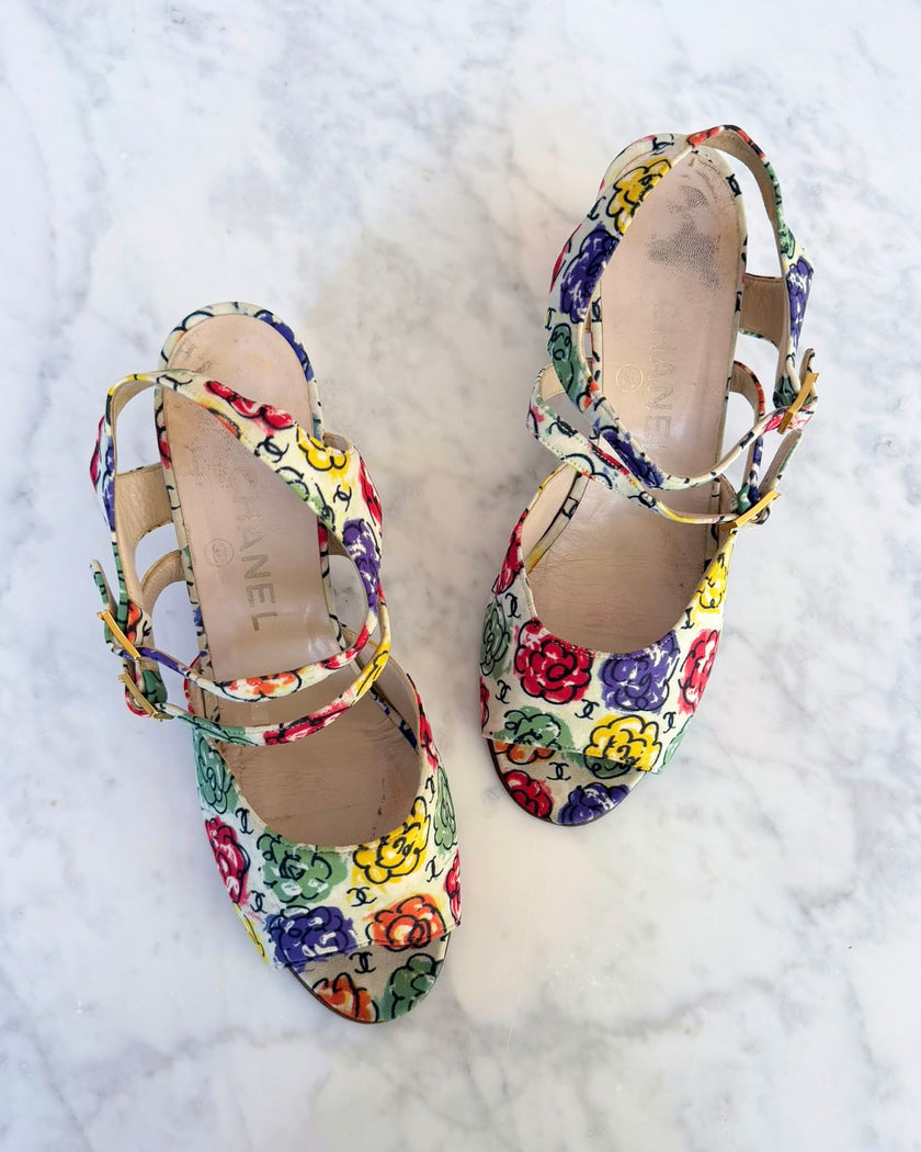 Chanel Camellia CC Multicolour Print Heels (37.5)