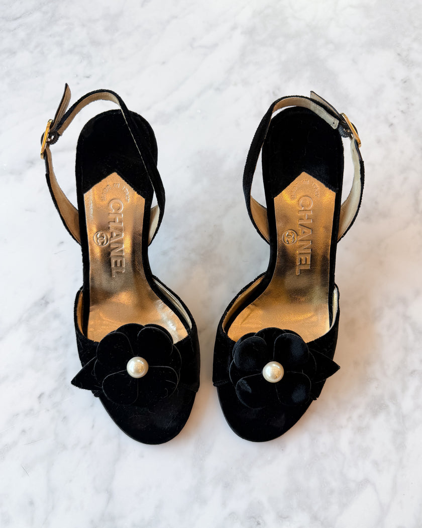 Chanel Velvet Camellia Pearl Slingback Heels (EU 35.5)