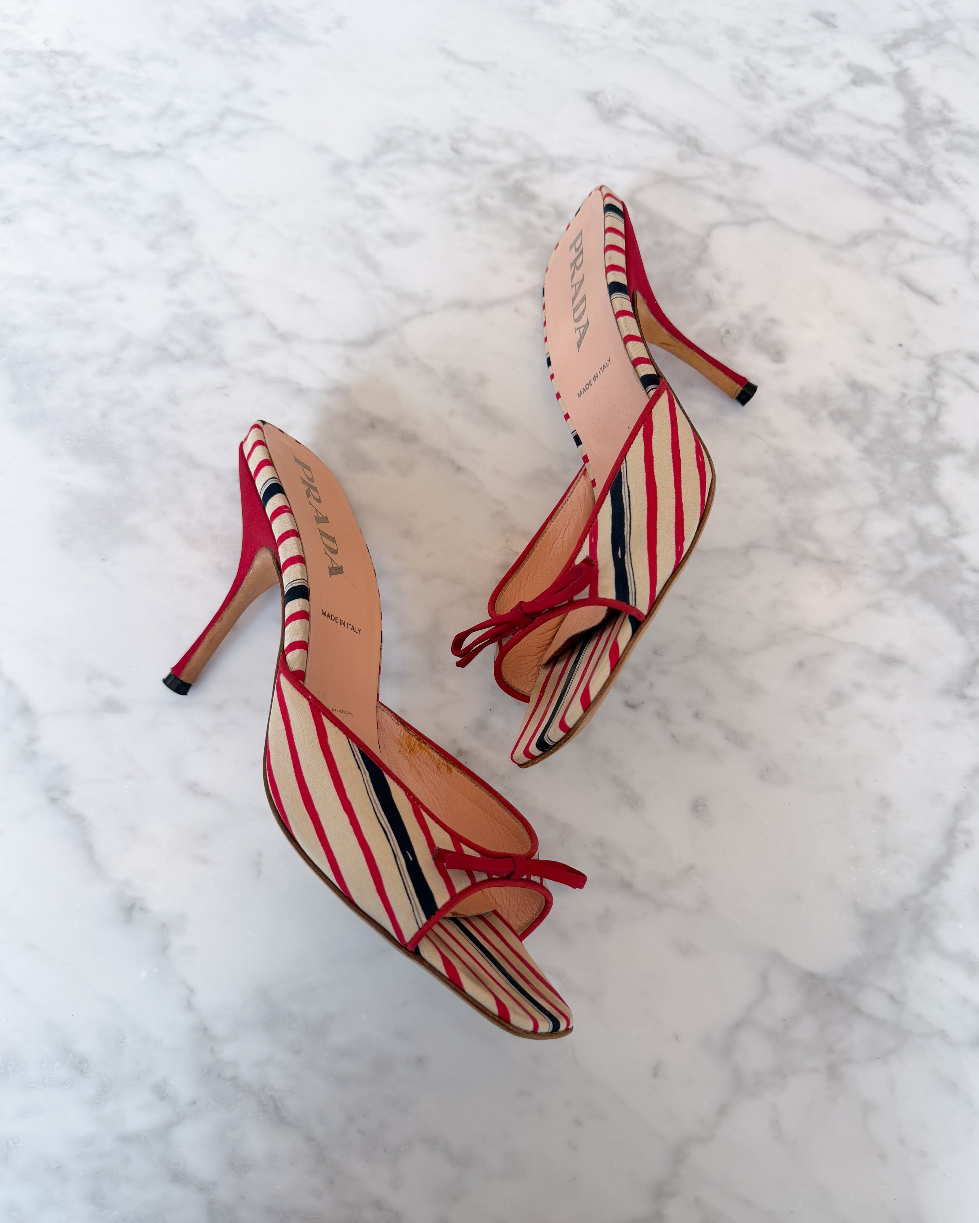 Prada 2000s Red & Navy Striped Canvas Mule Heels with Bows (38)