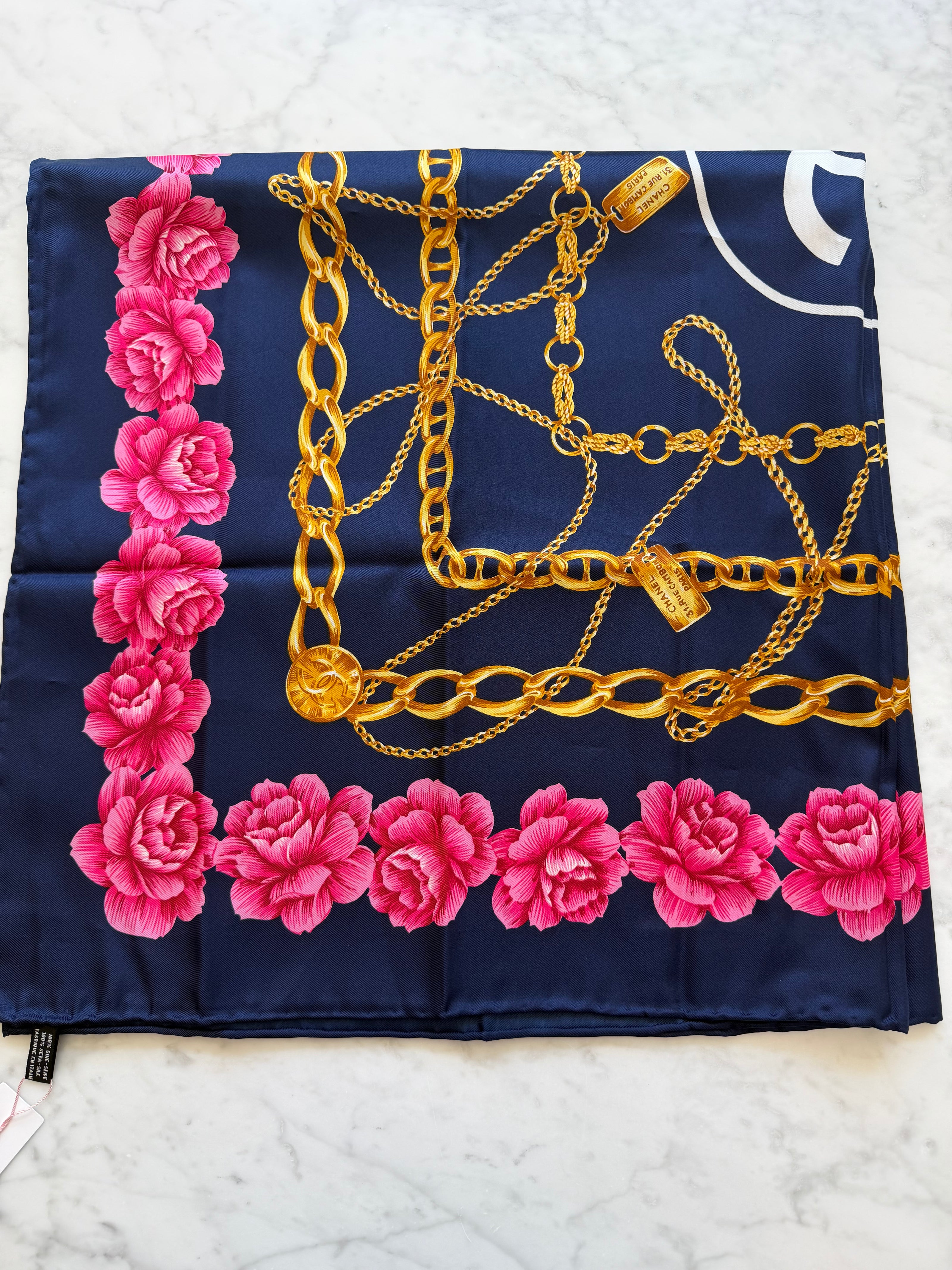 Chanel Vintage Large Silk Scarf CC Logo Pink Camellia Gold Chain Print (Brand New!)