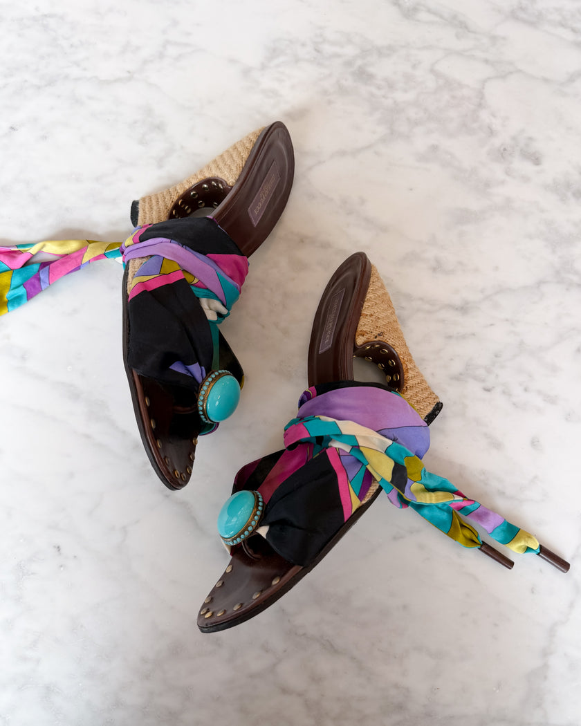 Emilio Pucci Multicolour Print Bow Wedge Sandals (38)