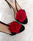Prada Black Suede Red Rose Appliqué T-Strap Heeled Sandals (40)