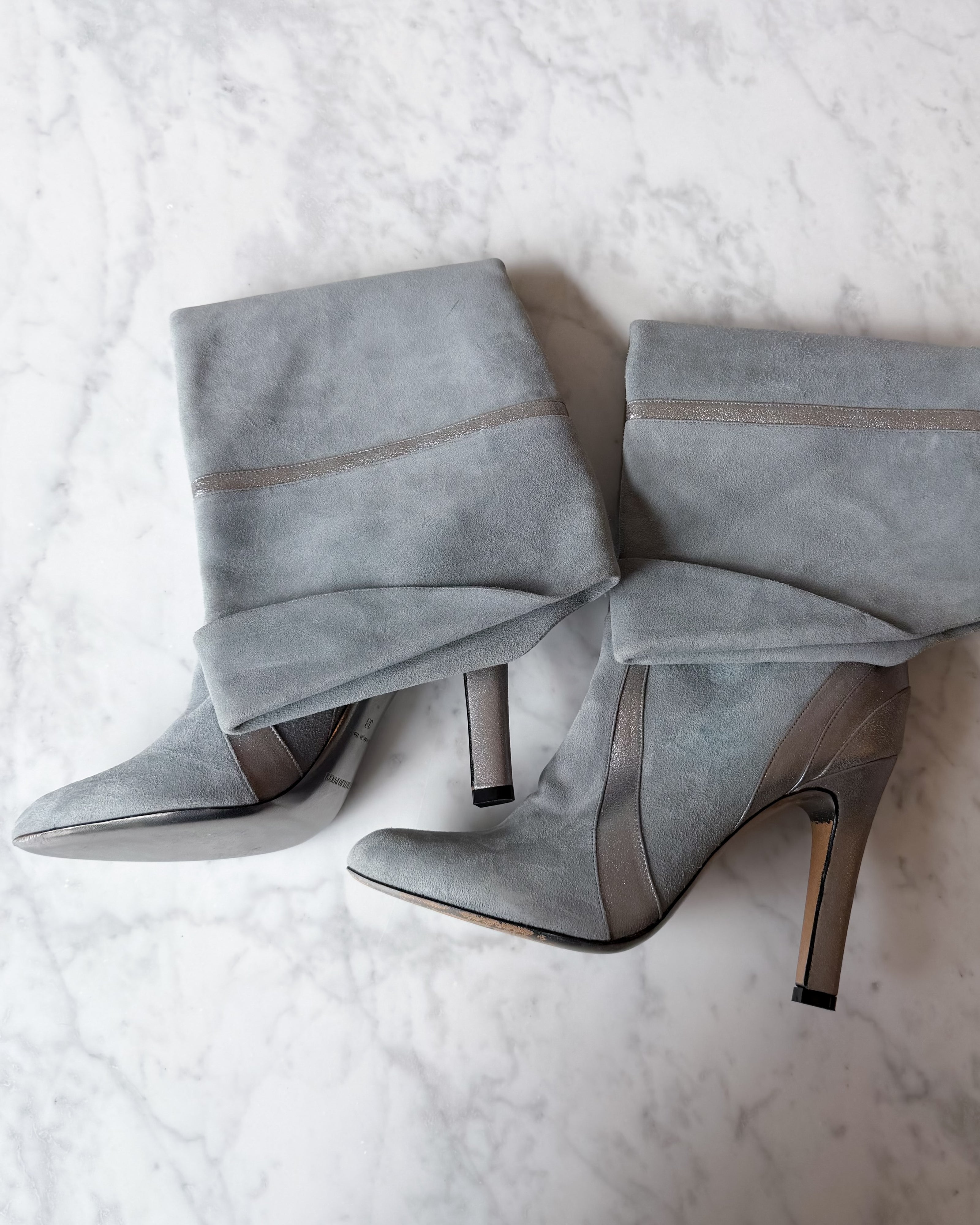 Pucci S/S Baby Blue Suede Knee High Boots with Metallic Silver Paneling and Fold-Over Cuff (38)