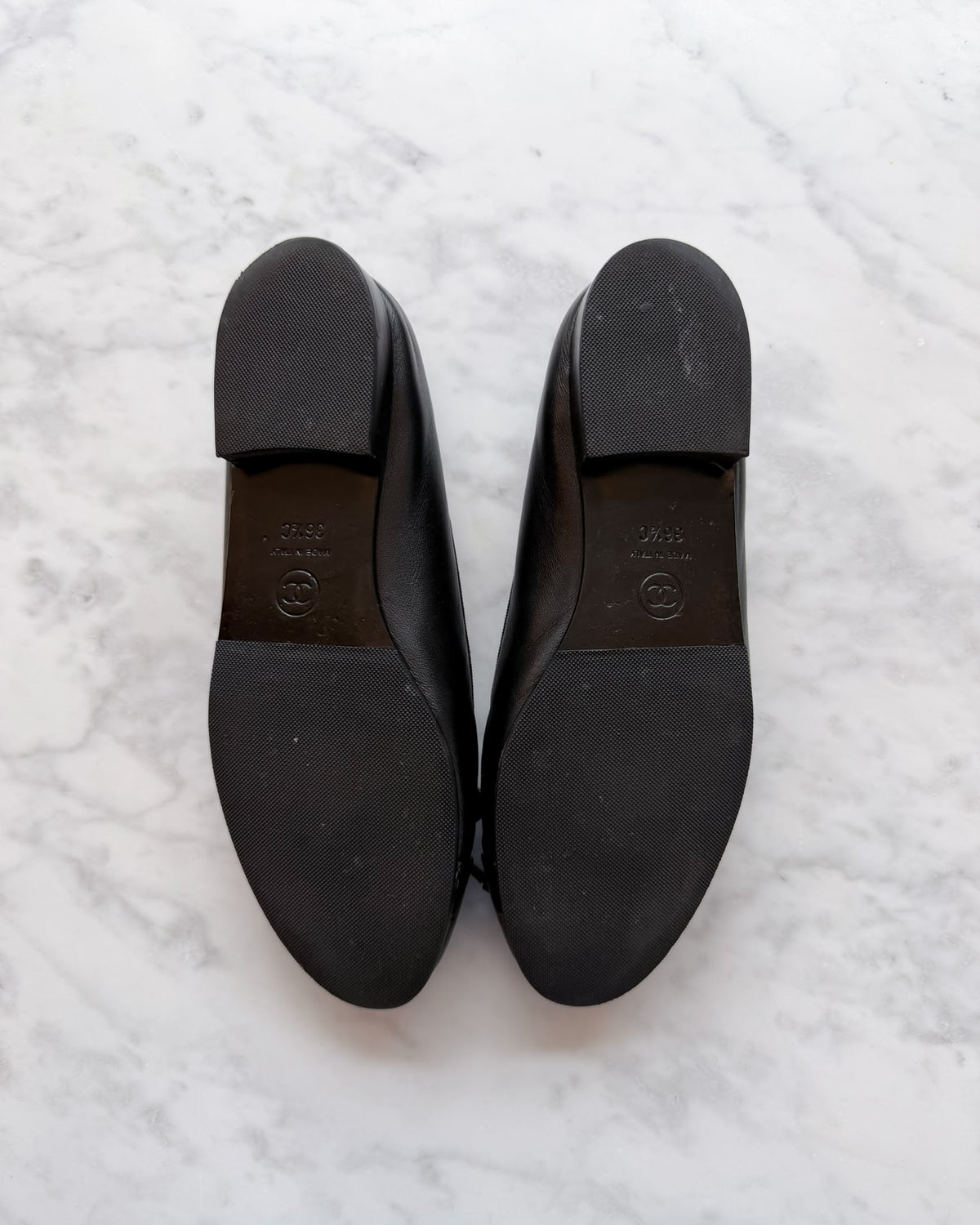Chanel Black Leather Patent Cap Toe CC Ballet Flats (36.5)