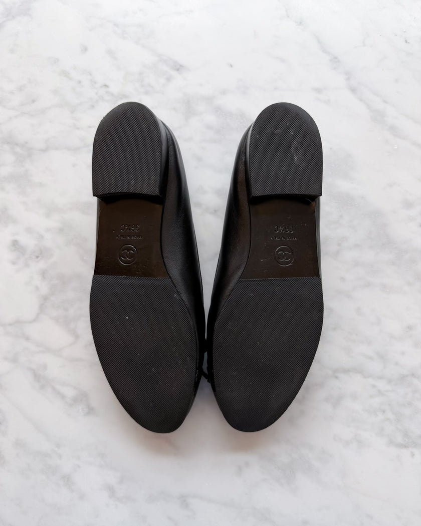 Chanel Black Leather Patent Cap Toe CC Ballet Flats (36.5)
