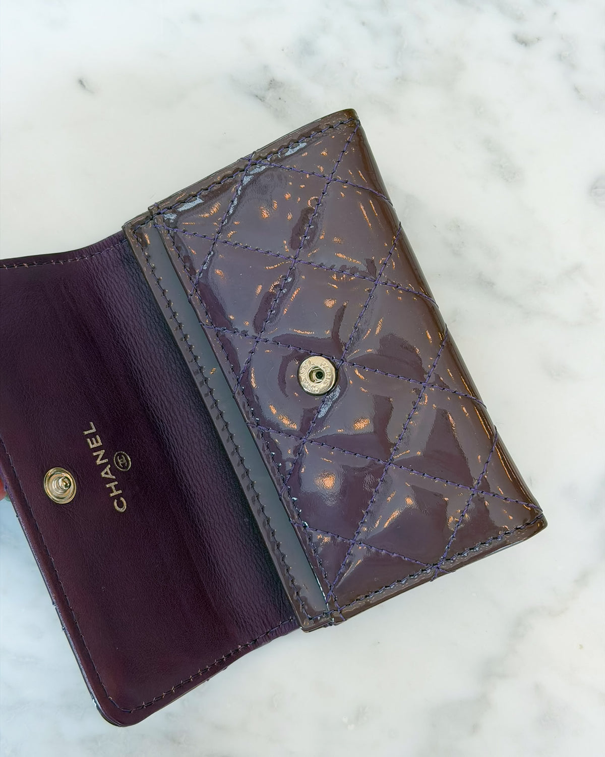 Chanel Purple Patent Quilted Embellished CC Logo Wallet