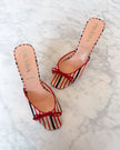 Prada 2000s Red & Navy Striped Canvas Mule Heels with Bows (38)