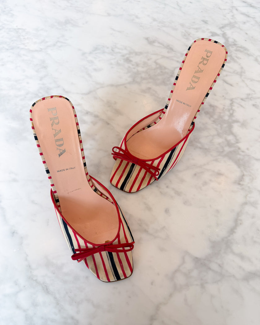 Prada 2000s Red & Navy Striped Canvas Mule Heels with Bows (38)