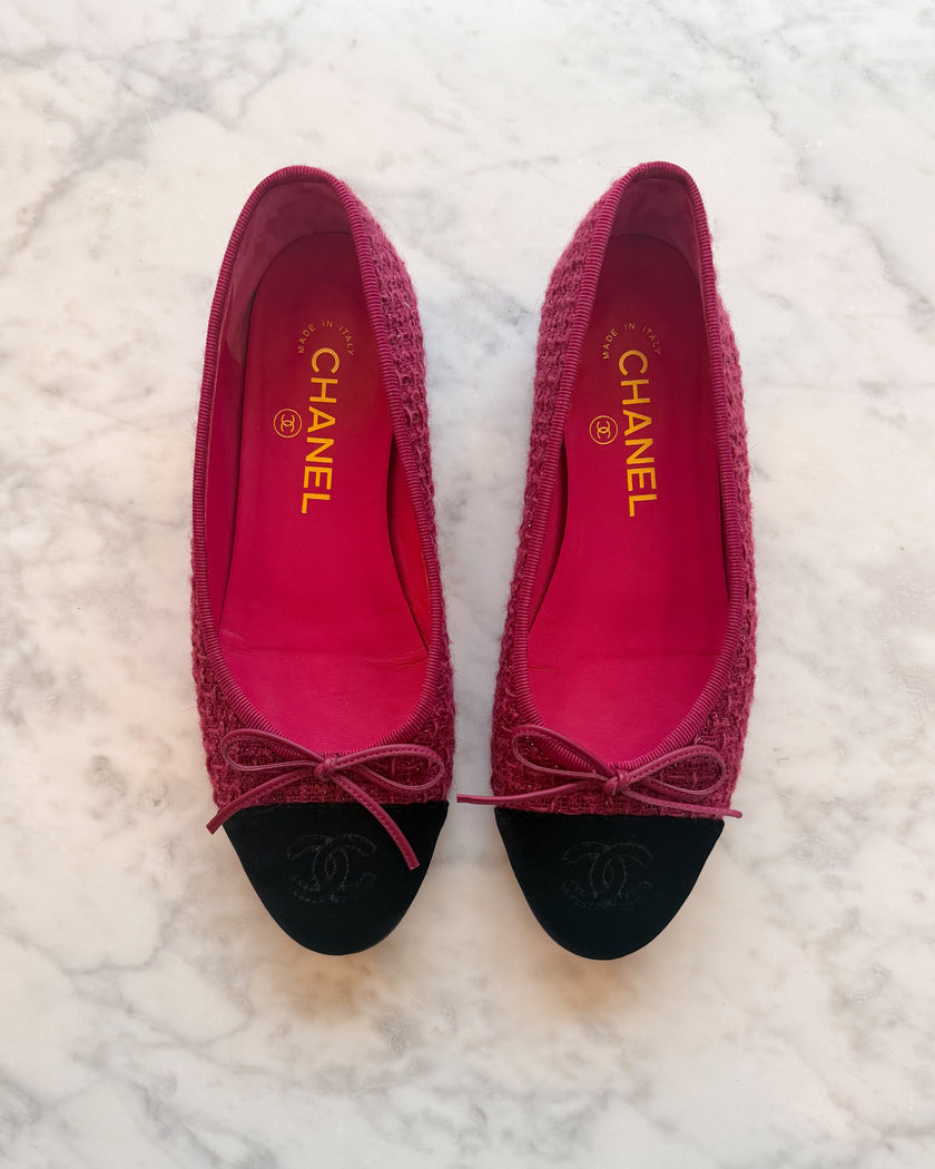Chanel Burgundy Tweed with Silver Thread & Black Velvet CC Ballet Flats (36.5)