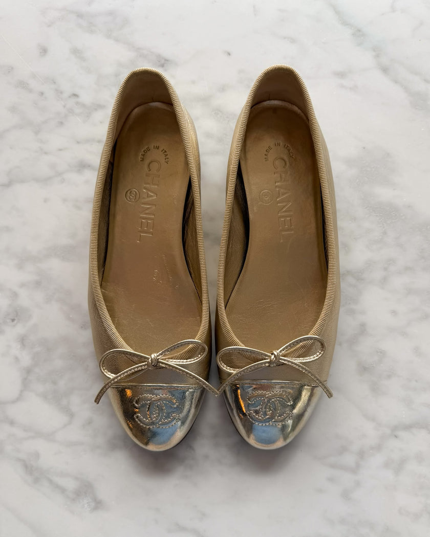 Chanel Metallic Champagne and Silver Holo CC Ballet Flats (34.5)