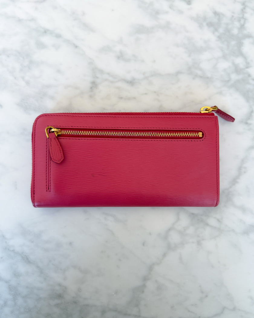 Prada Pink Saffiano Leather Zip Around Wallet with Original Box