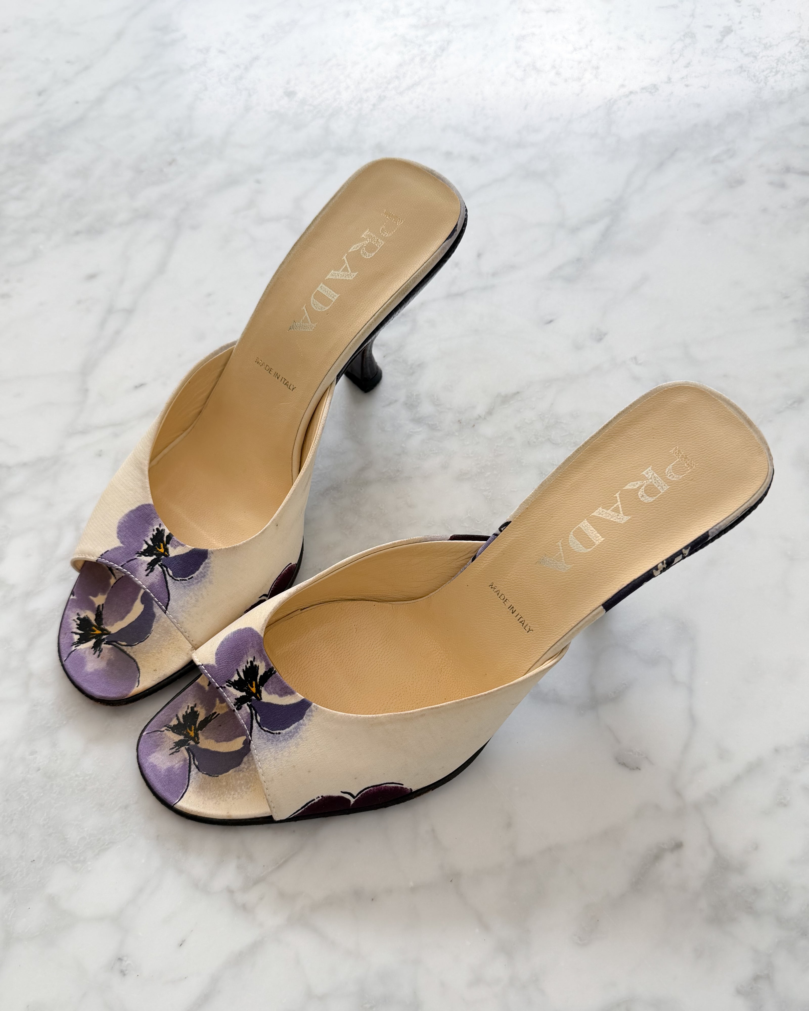 Prada F/W 2000 Silk Floral Mules with Lizard-Covered Heel (36)