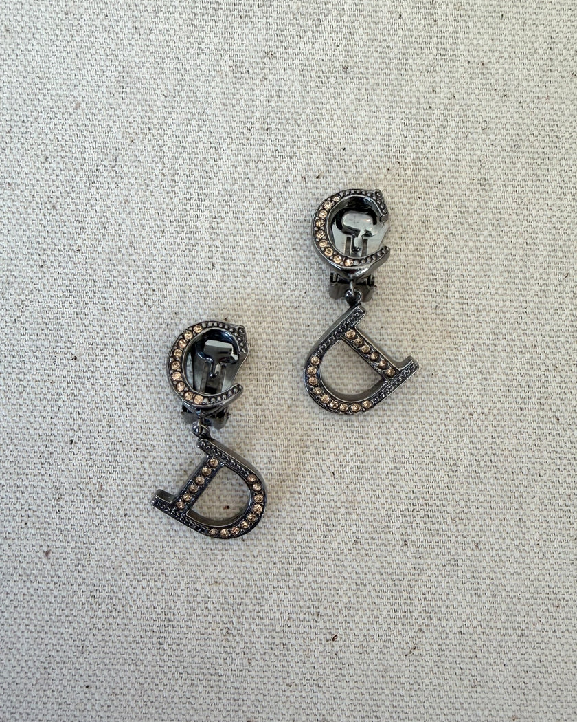 Christian Dior Graphite-Tone Logo Clip-On Earrings with Pink Crystals