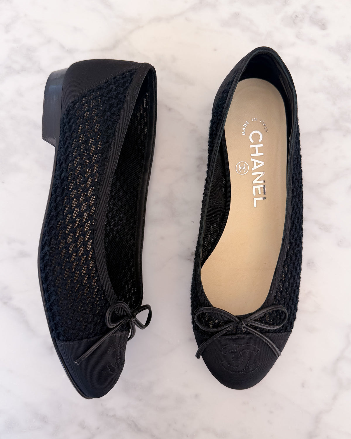 Chanel Black Mesh CC Cap Toe Ballet Flats (35.5)