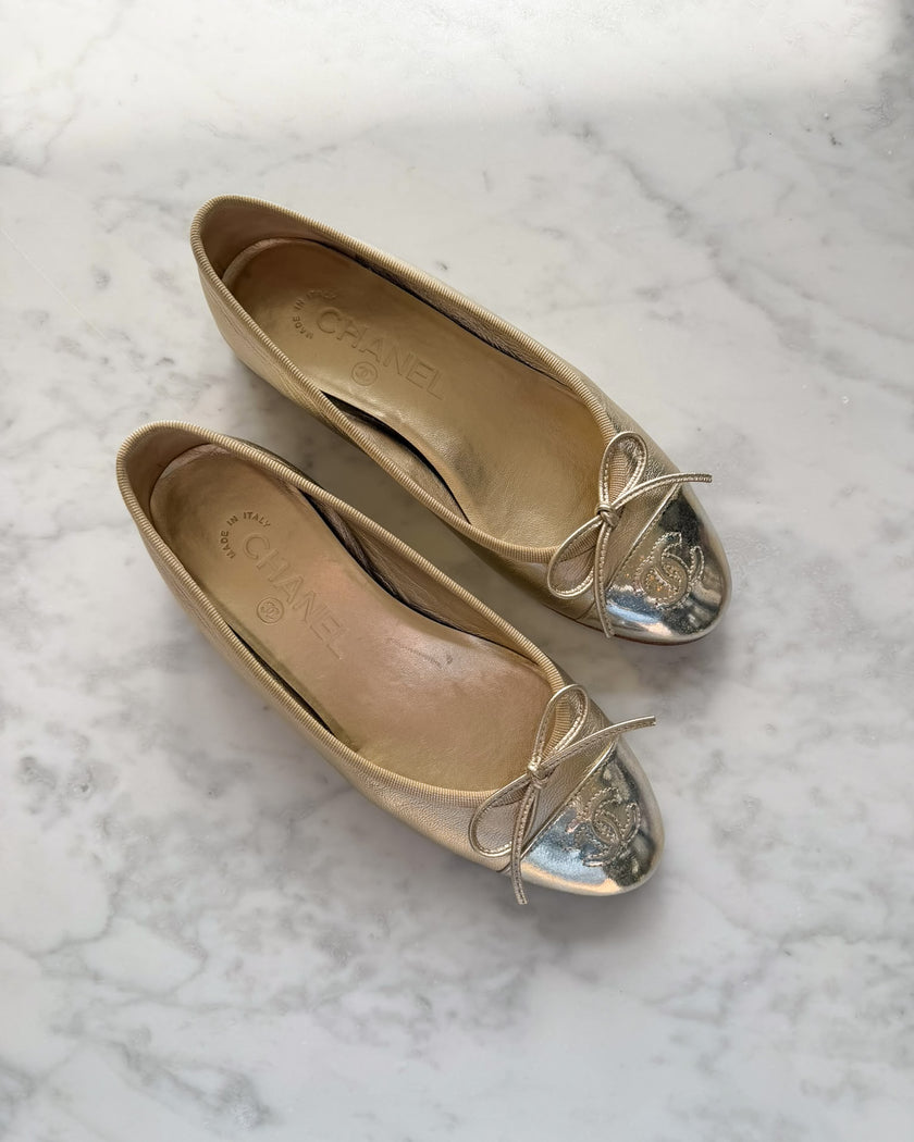Chanel Metallic Champagne and Silver Holo CC Ballet Flats (34.5)