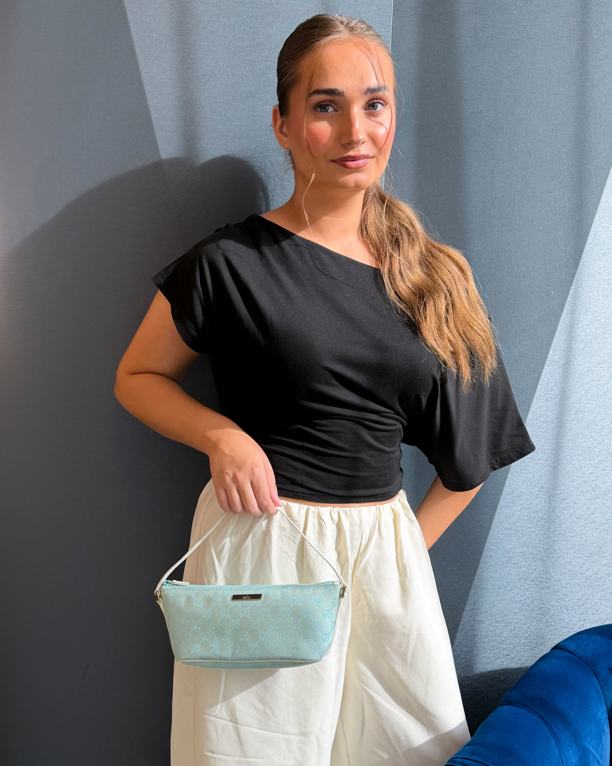 Gucci Baby Blue GG Monogram Boat Handbag
