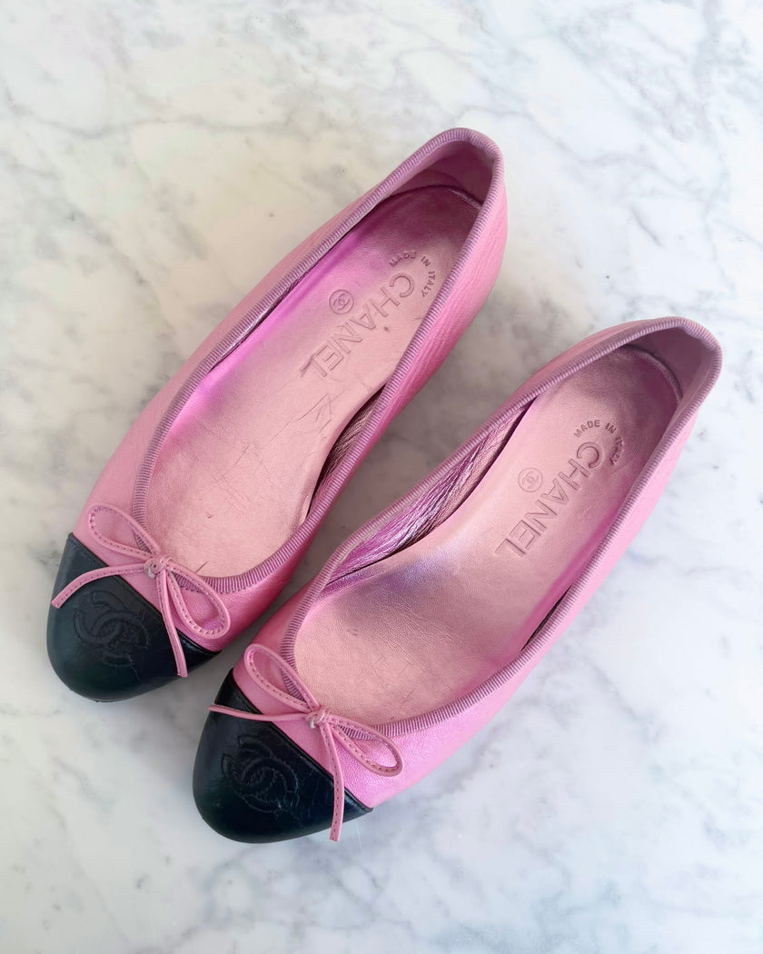 Chanel Shimmer Pink & Black CC Ballet Flats (36.5)