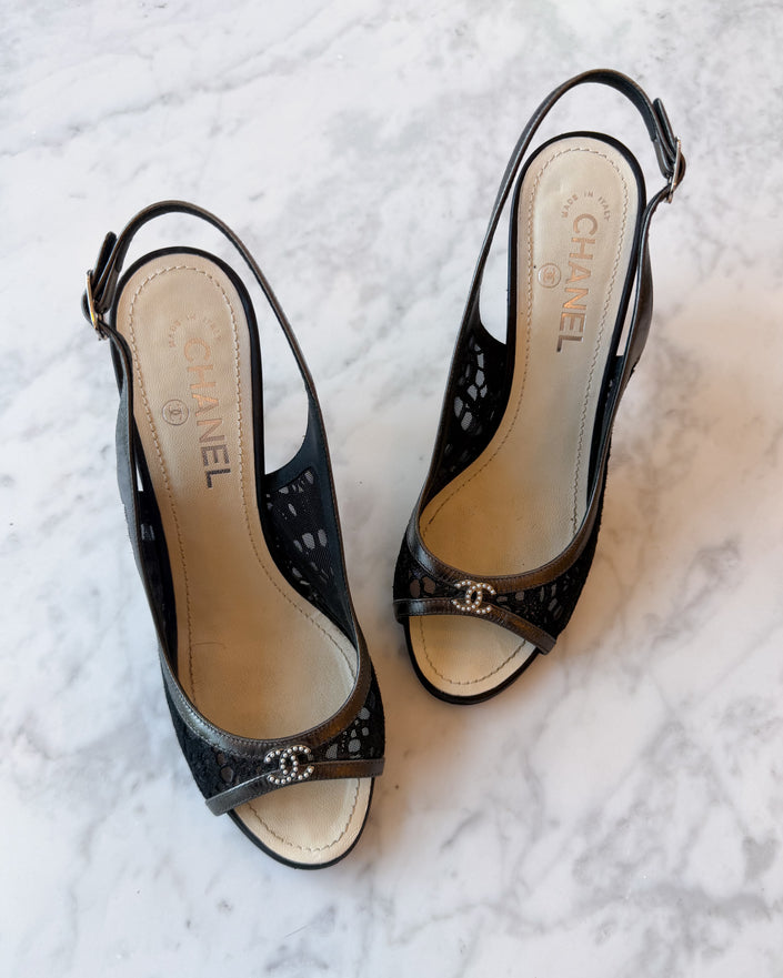 Chanel Black CC Mesh Slingback Heels (36.5)