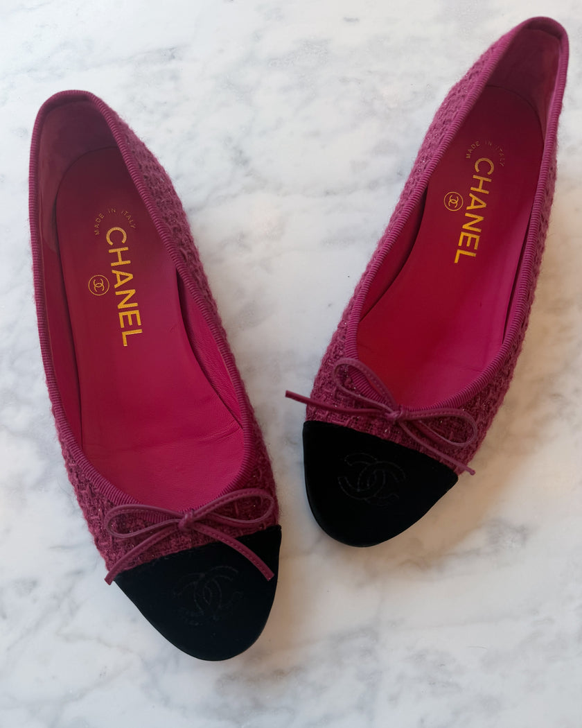 Chanel Burgundy Tweed with Silver Thread & Black Velvet CC Ballet Flats (36.5)