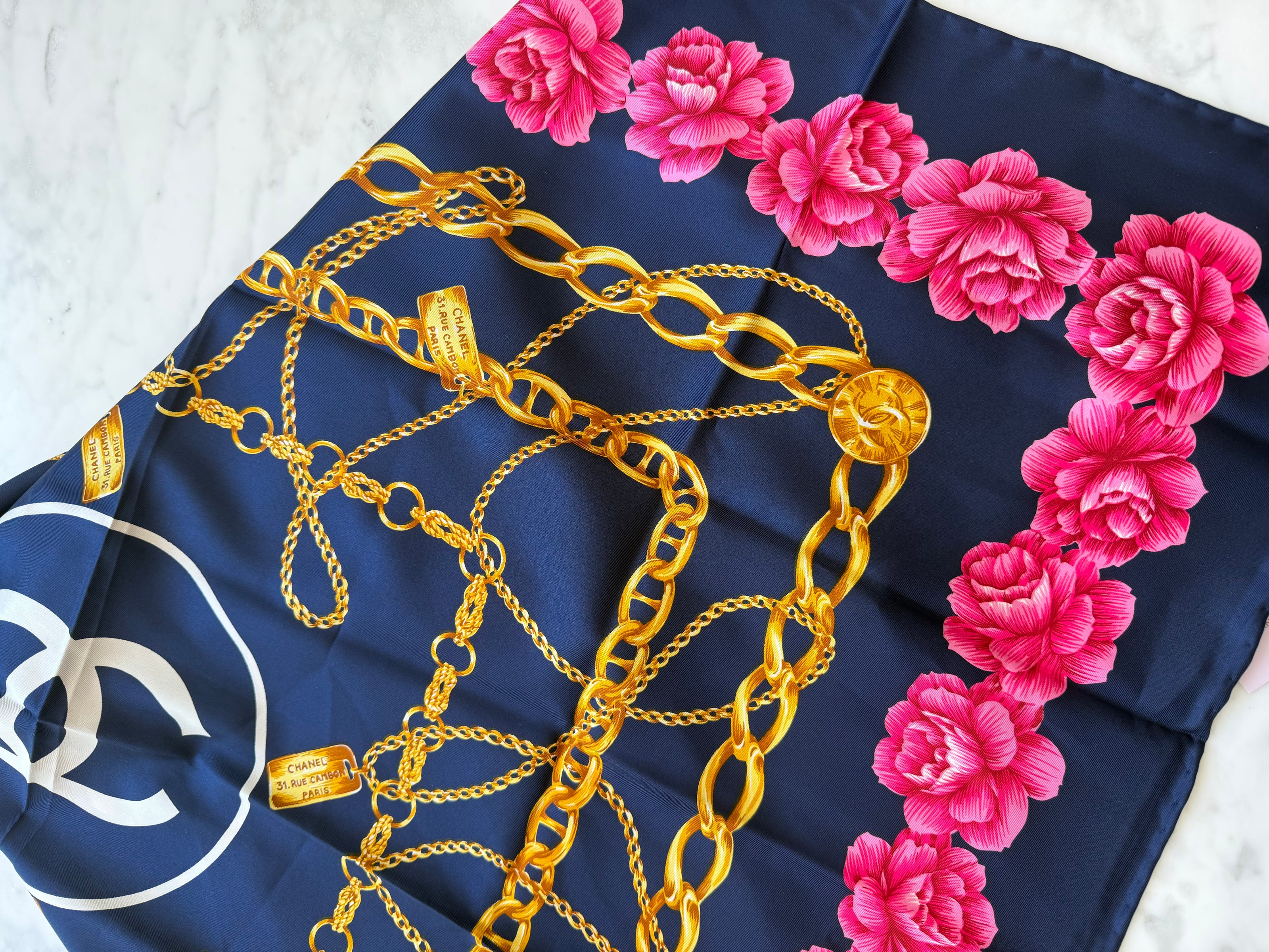 Chanel Vintage Large Silk Scarf CC Logo Pink Camellia Gold Chain Print (Brand New!)