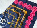 Chanel Vintage Large Silk Scarf CC Logo Pink Camellia Gold Chain Print (Brand New!)