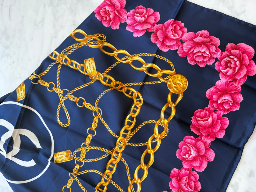 Chanel Vintage Large Silk Scarf CC Logo Pink Camellia Gold Chain Print (Brand New!)