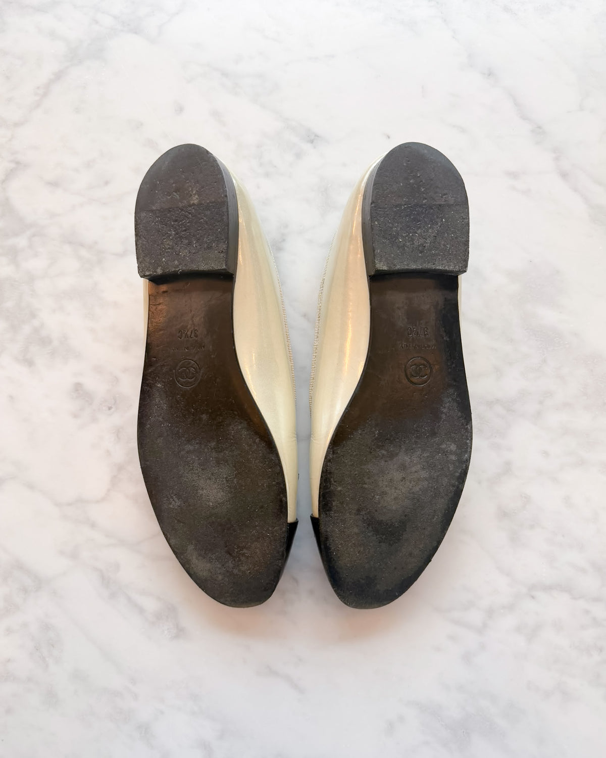 Chanel Metallic Pearl & Black Patent CC Ballet Flats (37.5)