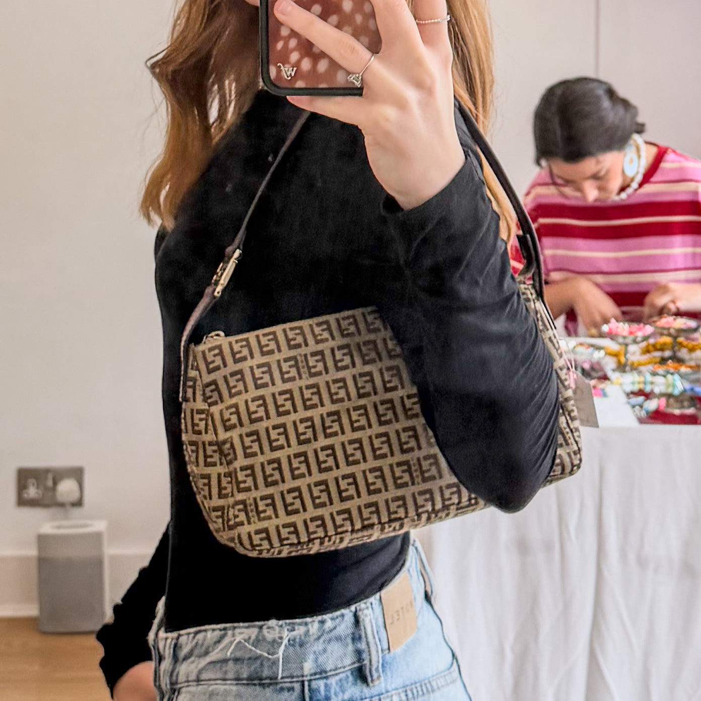 Fendi Brown Monogram Print Handbag with Gold Detail