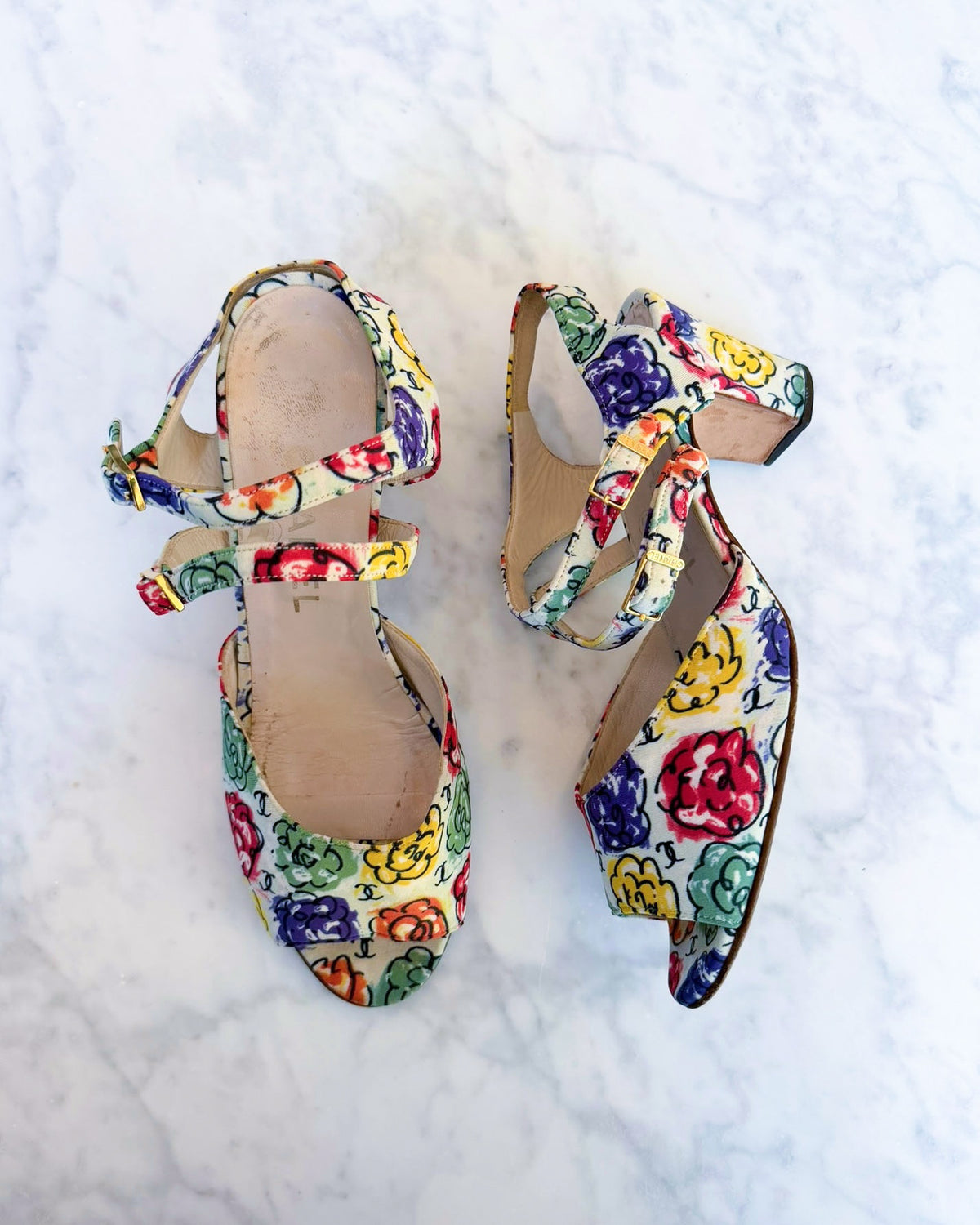 Chanel Camellia CC Multicolour Print Heels (37.5)