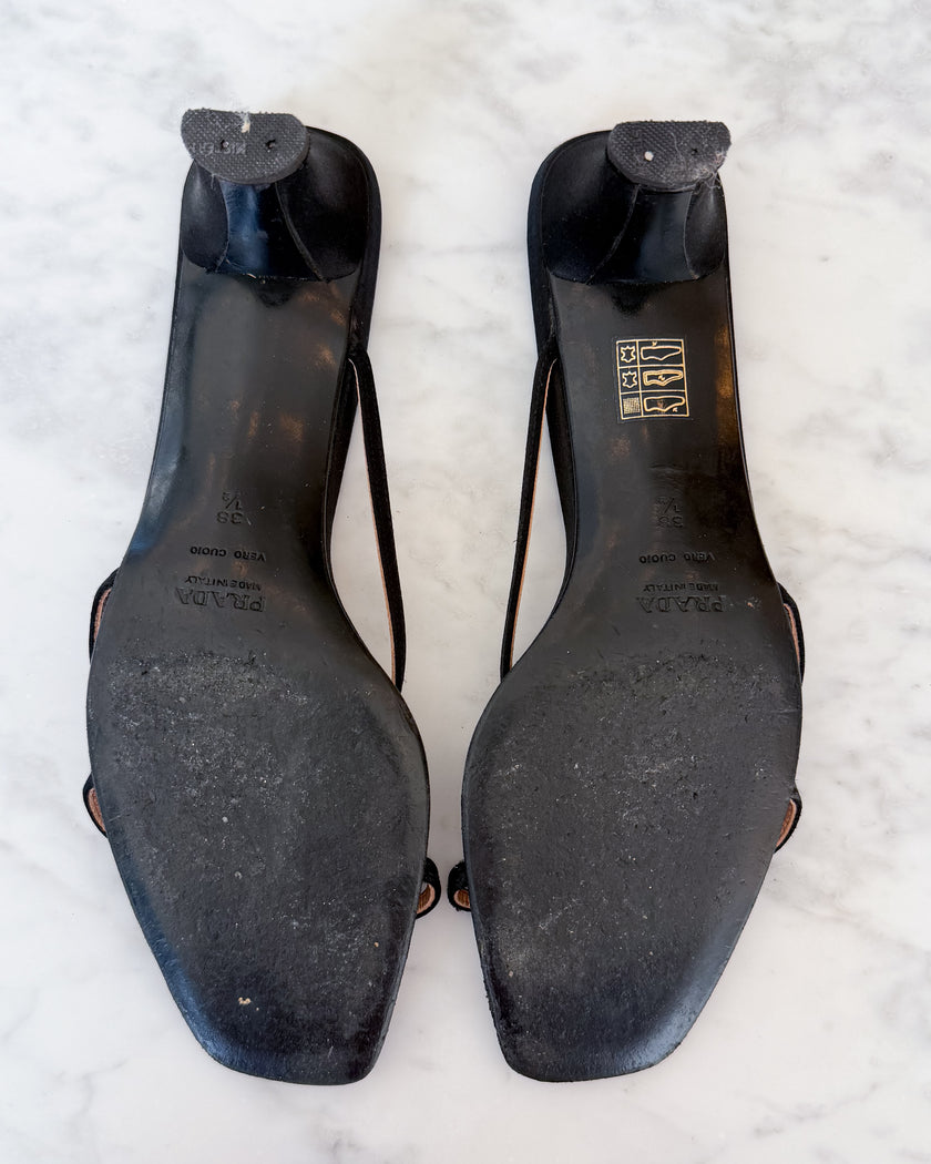 Archival Prada Black Satin Rose Kitten Heel Mules (38.5)