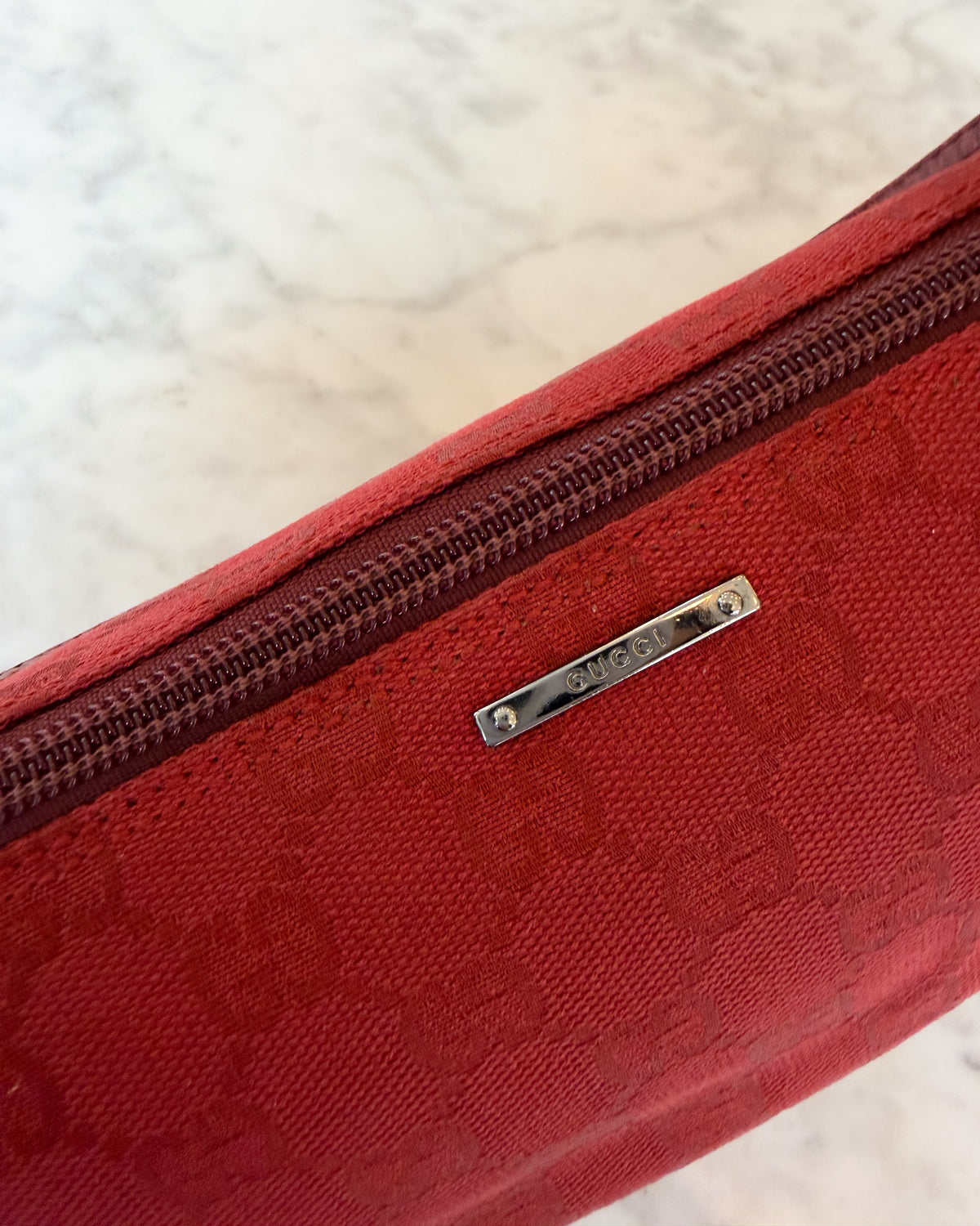 Gucci Red Boat Monogram Handbag with Red Handle