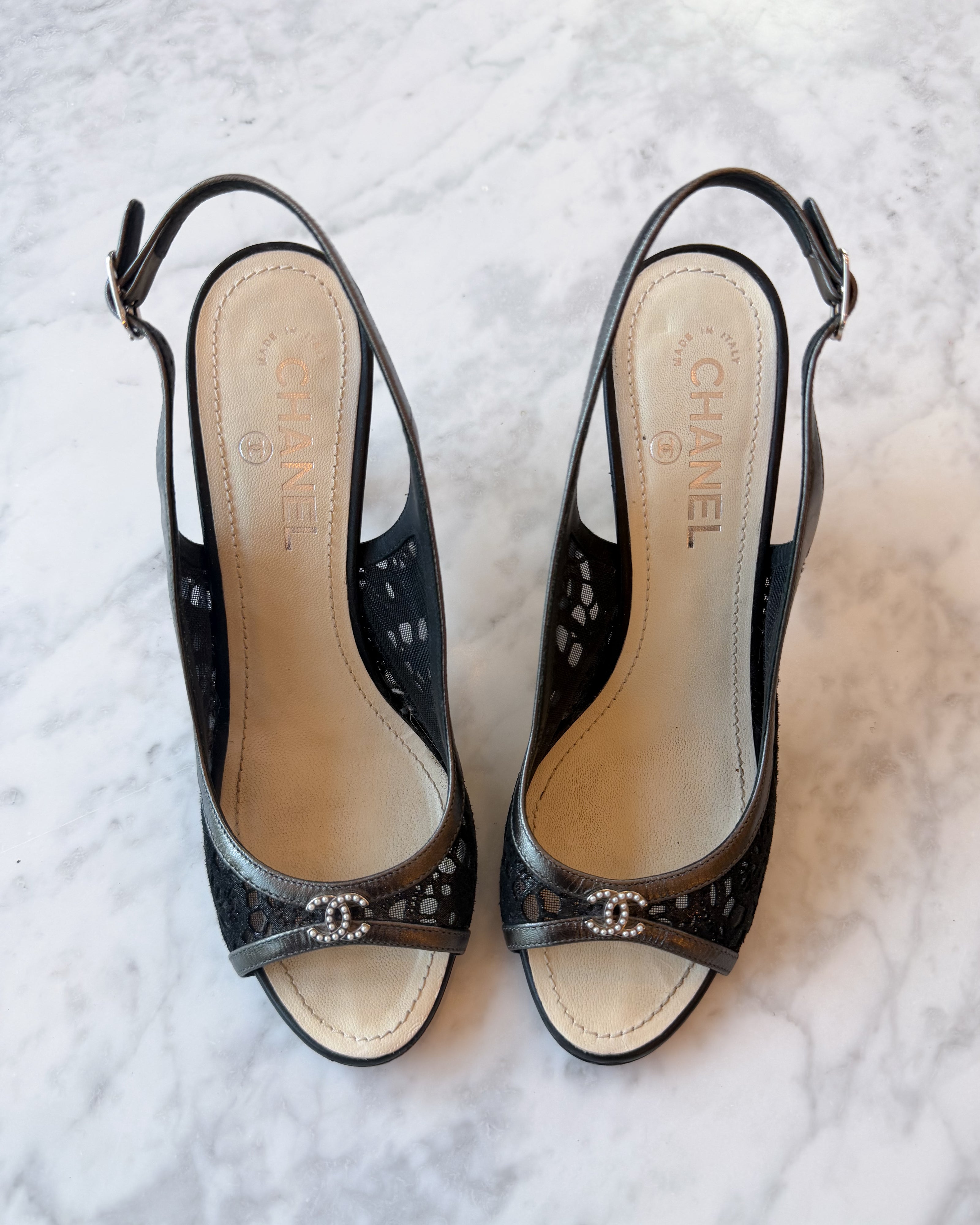 Chanel Black CC Mesh Slingback Heels (38.5)