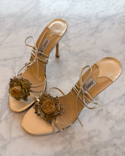 Jimmy Choo Gold Rose Floral Lace-Up Heels (42)