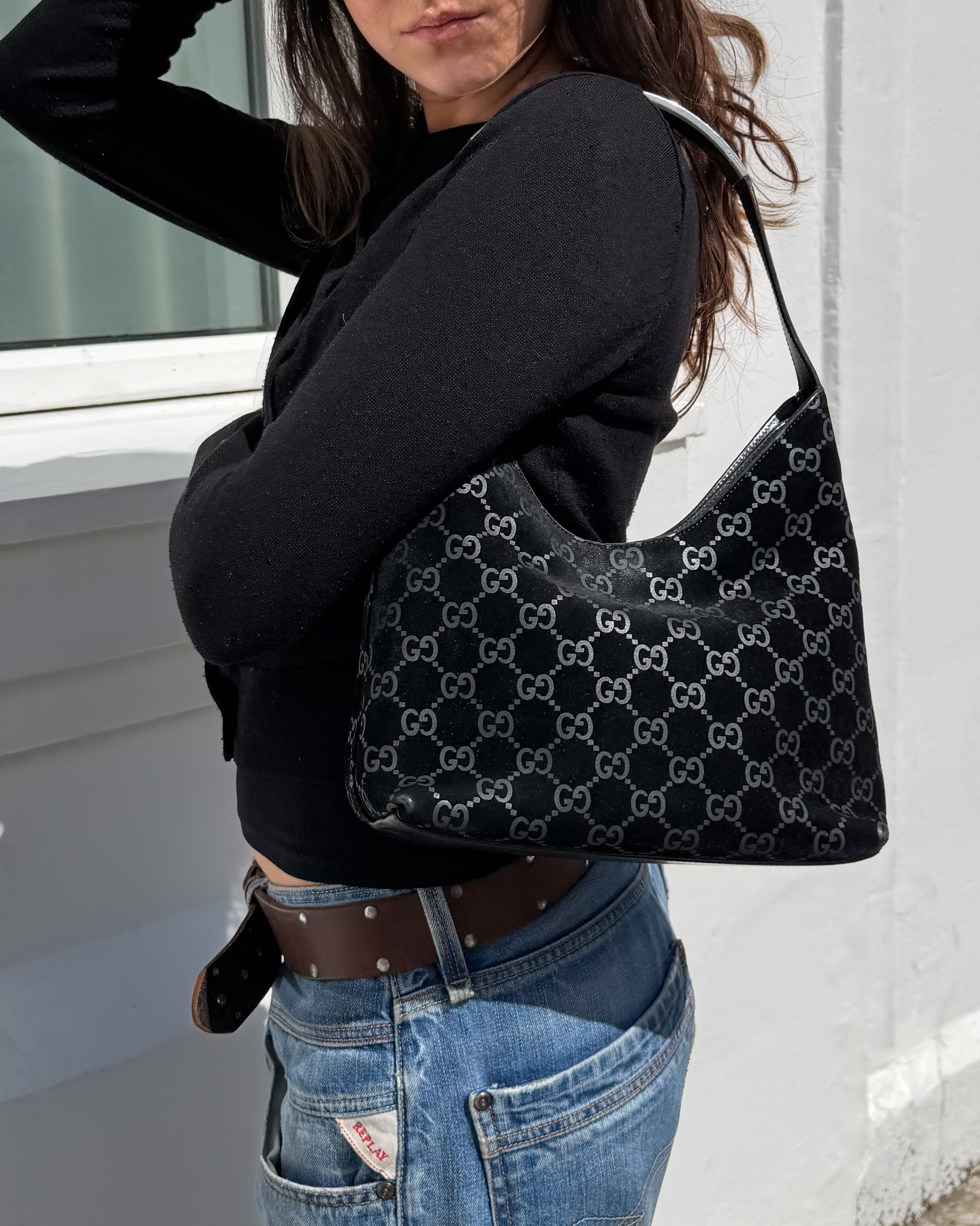 Gucci Tom Ford Era GG Monogram Suede Hobo Shoulder Bag