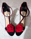 Prada Black Suede Red Rose Appliqué T-Strap Heeled Sandals (40)
