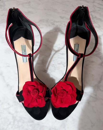 Prada Black Suede Red Rose Appliqué T-Strap Heeled Sandals (40)
