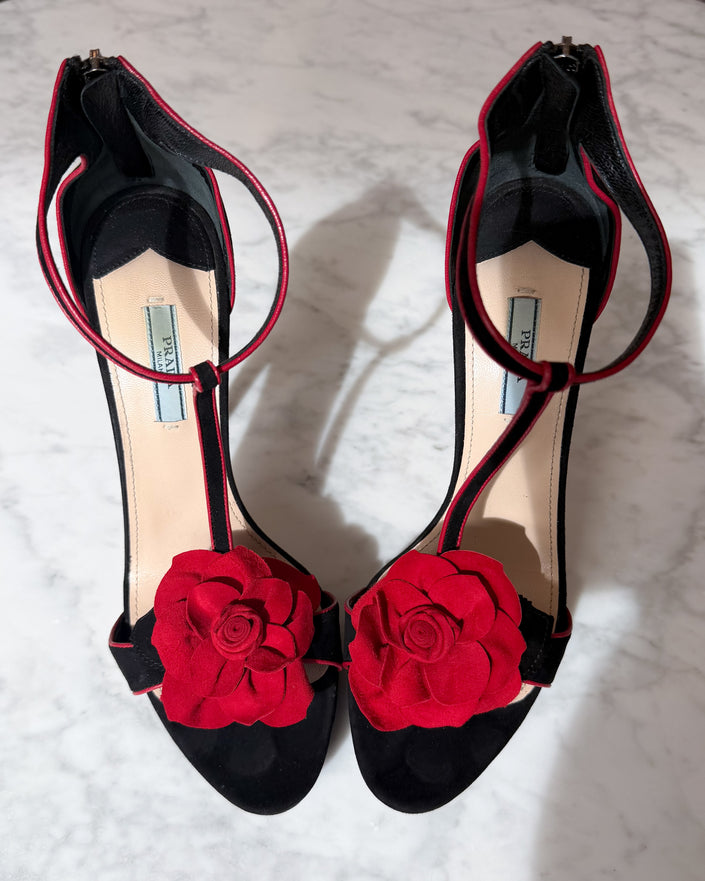 Prada Black Suede Red Rose Appliqué T-Strap Heeled Sandals (40)