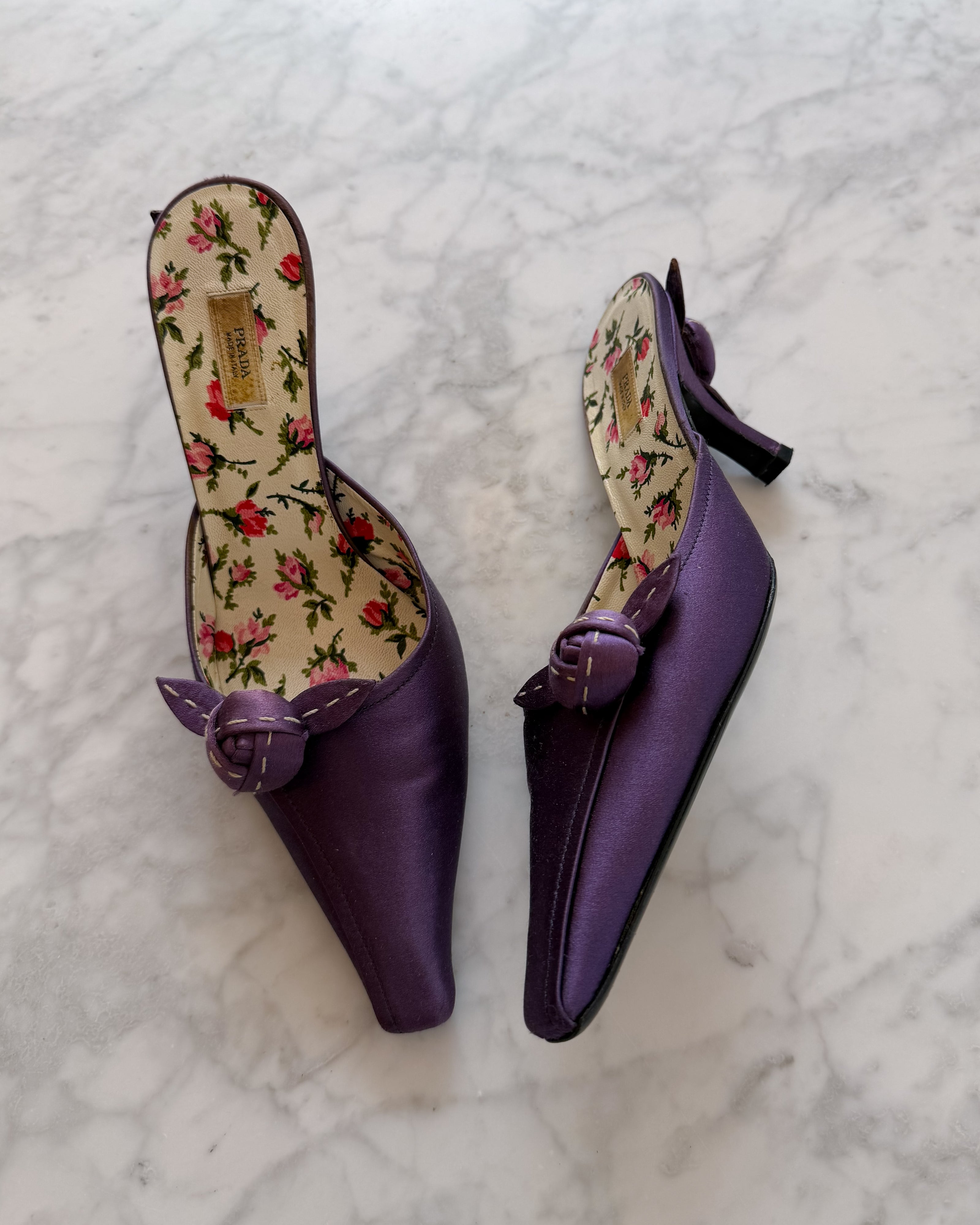 Prada 2000s Purple Satin Rose Print Mule Heels (36)