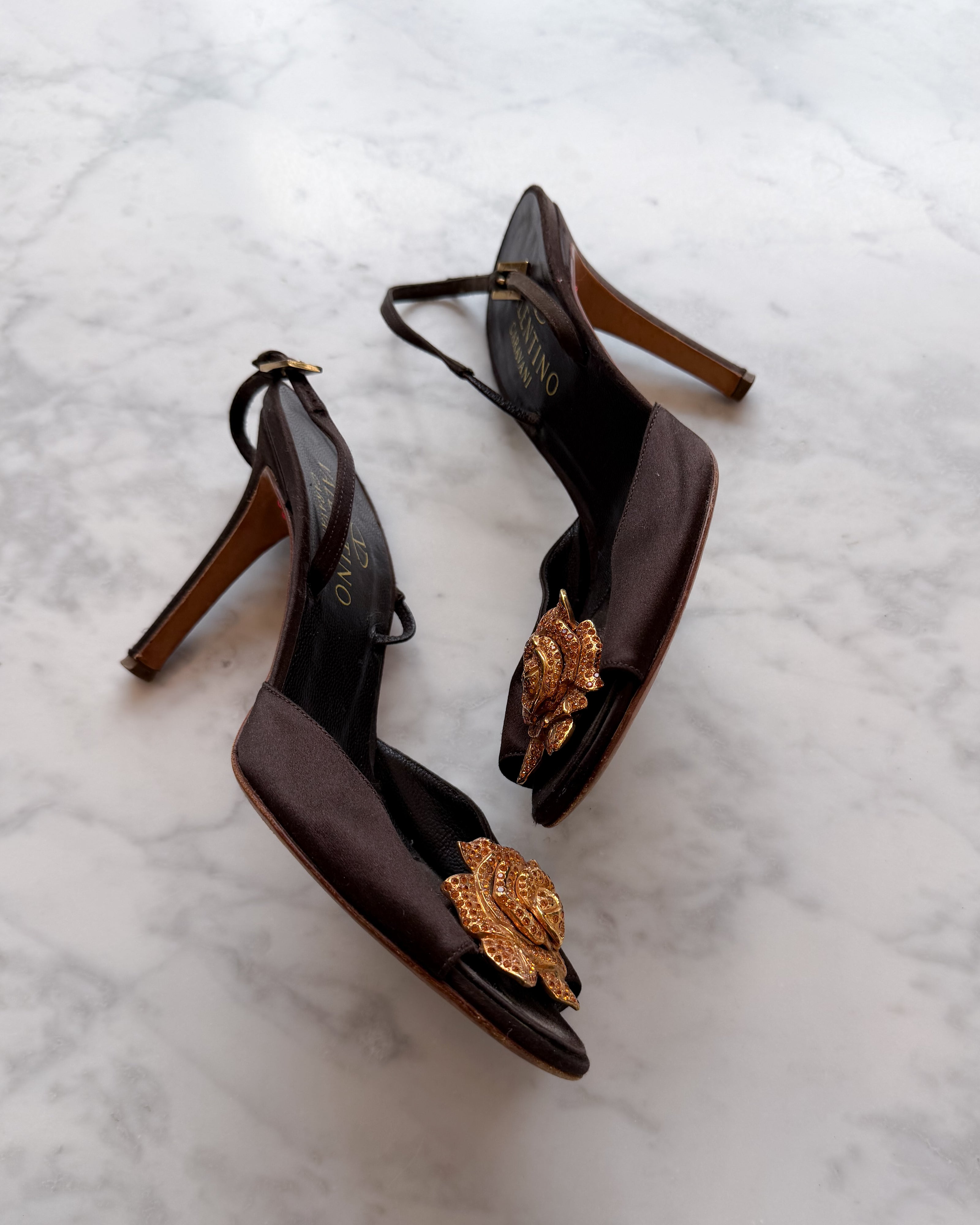 Valentino Garavani Brown Satin Slingback Heels with Gold Rose Embellishment (38.5)