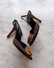 Valentino Garavani Brown Satin Slingback Heels with Gold Rose Embellishment (38.5)