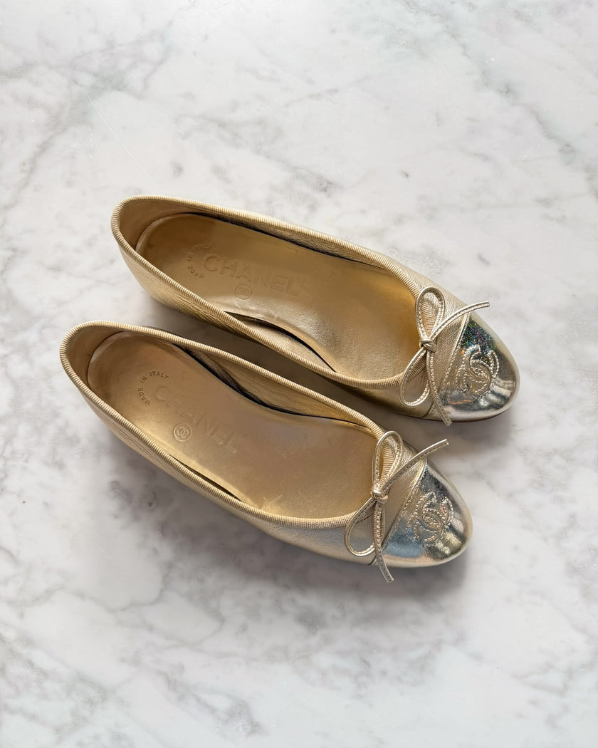Chanel Metallic Champagne and Silver Holo CC Ballet Flats (34.5)